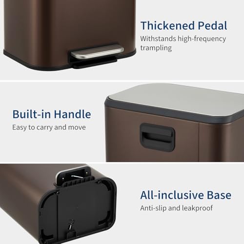 GarveeHome Brown Kitchen Trash Can, 5.3 Gal Stainless Steel Garbage Can | Soft Close Lid, Foot Pedal & Removable Inner Bucket, Rectangular Step On Waste Bin for Office Bedroom - color: Brown, size: 20 L