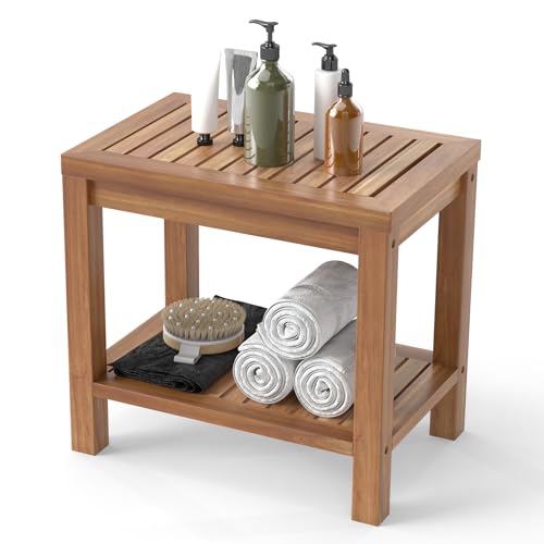 Giantex Teak Shower Bench with Shelf, 19 Inch Shower Stool with Slatted Seat for Elderly Seniors, Waterproof Bathroom Spa Bathing Seat Foot Rest Entryway Bench for Indoor and Outdoor Use - size: 19" x 12.5" x 18"
