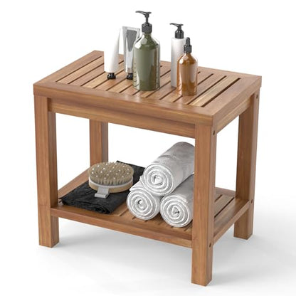 Giantex Teak Shower Bench with Shelf, 19 Inch Shower Stool with Slatted Seat for Elderly Seniors, Waterproof Bathroom Spa Bathing Seat Foot Rest Entryway Bench for Indoor and Outdoor Use - size: 19" x 12.5" x 18"