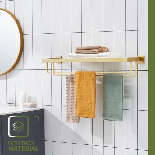 KOKOSIRI 32'' Towel Shelf Holder Bathroom Towel Rack with Two Bath Towel Bars Rails SUS304 Stainless Steel Wall Mount, Brushed Gold B6003BG-L32 - color: Brushed Gold, size: 32-Inch