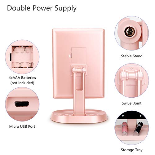 Trifold Lighted Vanity Makeup Mirror with 21 LED Lights,1x/2x/3x Magnification and Touch Screen Dimming,Two Power Supplies Makeup Mirror, Gift for Women - color: Pink