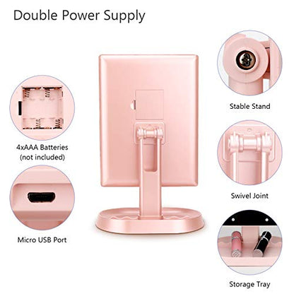 Trifold Lighted Vanity Makeup Mirror with 21 LED Lights,1x/2x/3x Magnification and Touch Screen Dimming,Two Power Supplies Makeup Mirror, Gift for Women - color: Pink