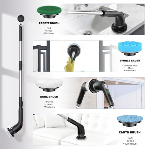 Electric Spin Scrubber, 2-Speed Cleaning Brush, Extendable Handle (Black) | Includes 7 reusable brush heads and an IPX7-rated design for cleaning bathrooms, showers, kitchens, tile, floors, and grout - color: Black