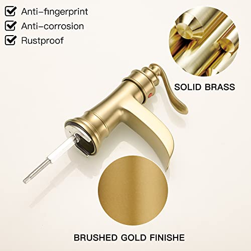 BWE Brass Gold Waterfall Sink Faucet for Modern & Traditional Bathroom | Wide Waterfall Spout, Ceramic Cartridge, Fits 1 or 3-Hole Sink, Single Handle, Hardware Kit Included, Not for Vessel Sink - color: Gold