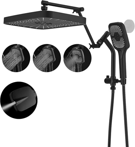 14" High Pressure Rain/Rainfall Shower Heads With Handheld Spray Combo (3+1 Settings & Built-in Power Wash Mode), Double/Dual Shower Head With Handheld - Height/Angle Adjustable(Matte Black) - color: Matte Black, size: 14 Inch