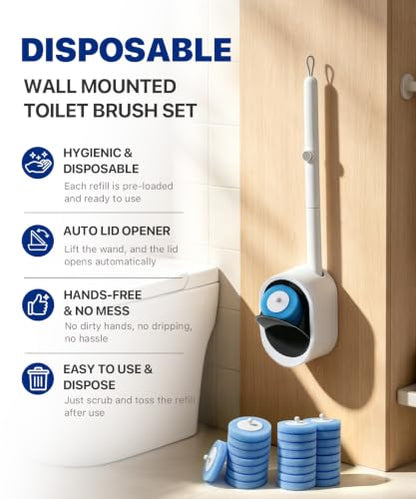 Disposable Toilet Brush with 32 Refills Deep Cleaning Touch Free | Auto Lid Opener Wall-Mounted Toilet Wand Kit for Deep Cleaning Bathroom Touch Free Access Toilet Bowl Cleaner
