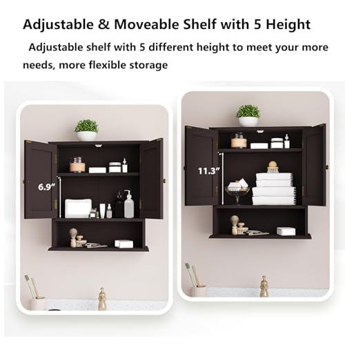 Bathroom Wall Cabinet, Over the Toilet Storage Cabinet with 2 Doors and Adjustable Shelf, Wooden Medicine Cabinet Wall Mounted, Room Space Saver for Bathroom Kitchen - color: Bathroom Cabinet-brown