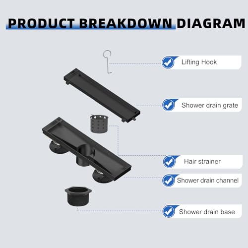 Linear Shower Drain 12 inch Matte Black with Tile Insert Grate | AISI 304 Stainless Steel Black Linear Drain Rectangle Shower Floor Drain with Hair Strainer and Leveling Feet - color: Black, size: 12 Inch