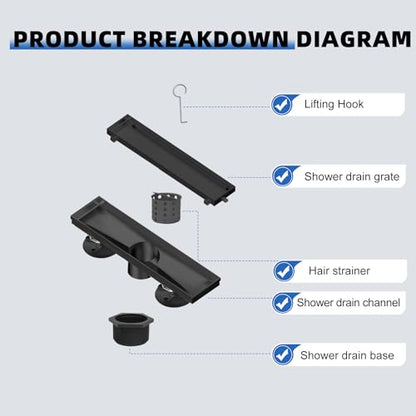 Linear Shower Drain 12 inch Matte Black with Tile Insert Grate | AISI 304 Stainless Steel Black Linear Drain Rectangle Shower Floor Drain with Hair Strainer and Leveling Feet - color: Black, size: 12 Inch