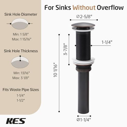 KES Oil Rubbed Bronze Bathroom Sink Drain with Extended Thread, All Metal | Pop Up Drain Stopper without Overflow for Thicker Vessel Sinks and Countertops, Brass and Stainless Steel, S2022D-ORB - color: Oil Rubbed Bronze, style: NO Overflow, Long Thread