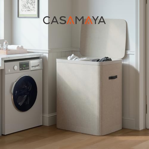 CASAMAYA Laundry Basket with Lid, Laundry Hamper 2 Section, 170L collapsible Laundry Organizer, Easy Assembly, with Handles and Removable Liners, 22 x 15.7 x 29.5 Inches, Beige JSP903M - color: Beige, size: 170L(2-Section)