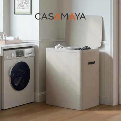 CASAMAYA Laundry Basket with Lid, Laundry Hamper 2 Section, 170L collapsible Laundry Organizer, Easy Assembly, with Handles and Removable Liners, 22 x 15.7 x 29.5 Inches, Beige JSP903M - color: Beige, size: 170L(2-Section)