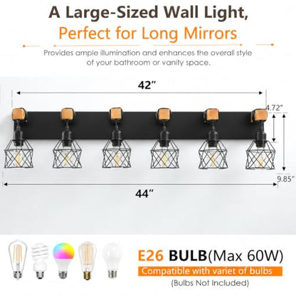 Farmhouse Vanity Light Fixture,6-Light Bathroom Lighting,Black Industrial Wood Wall Light Over Mirror with Metal Shade,LED Bulbs Not Included - color: Black, size: 6-Light-Wide 44"