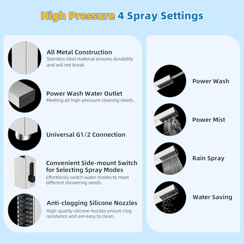 Hibbent All Metal cUPC Certified Shower Head, 8'' High Pressure Rainfall Shower Head, Showerhead Combo, Handheld Shower Wand, 12'' Adjustable Extension Arm, 4-Spray, 71'' Hose, Shower Holder, Chrome - color: Chrome, style: Square 8''
