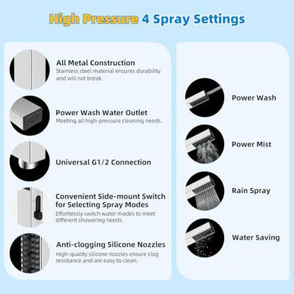 Hibbent All Metal cUPC Certified Shower Head, 8'' High Pressure Rainfall Shower Head, Showerhead Combo, Handheld Shower Wand, 12'' Adjustable Extension Arm, 4-Spray, 71'' Hose, Shower Holder, Chrome - color: Chrome, style: Square 8''