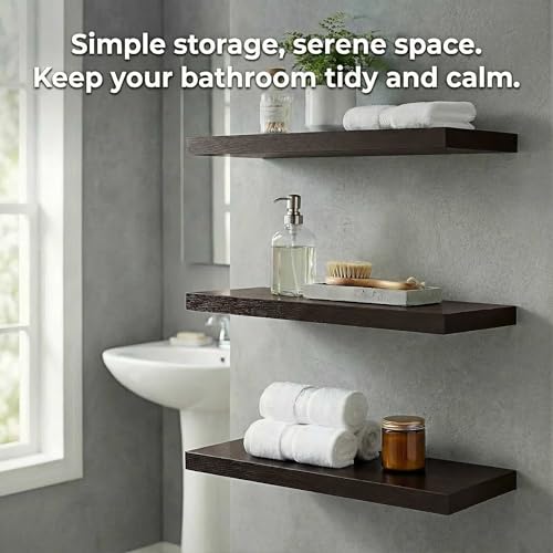 SAUMONIERES Floating Shelves Wall Shelf Solid Wood for Bathroom Bedroom Kitchen Set of 3, Espresso Wall Shelves - color: Espresso, size: 16 Inch-3 shelves