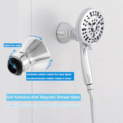 High Pressure Shower Head with Magnetic Back Fixed Base Design,Handheld Showerhead with Hose Set Stainless Steel 59 inches/5 ft 10-Setting 5 inches Large Face,Chrome Finish - color: Metallic Silver