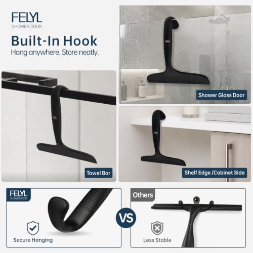 Shower Squeegee for Glass Doors Silicone Black Squeegee with Built-in Hook for Mirror, Window, Tile Wall & Car, All-in-One