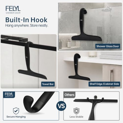 Shower Squeegee for Glass Doors Silicone Black Squeegee with Built-in Hook for Mirror, Window, Tile Wall & Car, All-in-One