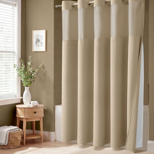 Beige Hook Free Waffle Shower Curtain & Snap-in Fabric Liner,72x75 | Less Time to install, 3 in 1 Fabric Shower Curtain and Liner Set with Magnets, Mesh Top Window, Shower Curtains for Bathroom - color: B Beige, size: 72"W x 75"L (Pack of 1)