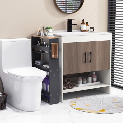 COSTWAY Slim Rolling Storage Cart, 4-Tier Rolling Utility Cart, Wood Kitchen Storage Cart with Handle & Wheels, Narrow Rolling Shelving Unit for Kitchen Bathroom Laundry Small Places (Grey) - color: Grey
