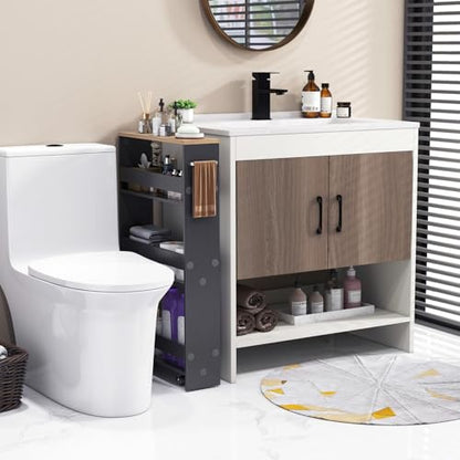 COSTWAY Slim Rolling Storage Cart, 4-Tier Rolling Utility Cart, Wood Kitchen Storage Cart with Handle & Wheels, Narrow Rolling Shelving Unit for Kitchen Bathroom Laundry Small Places (Grey) - color: Grey