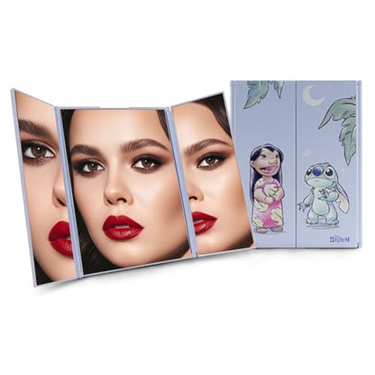 Impressions Vanity Stitch Wishes at Night Trifold Makeup Mirror with Flip Up Stand for Handsfree use, Lilo and Stitch Artwork Dual Magnified Travel Mirror with Panoramic View (Deep Blue)