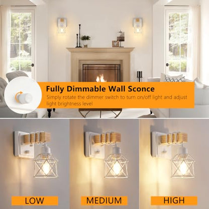 FadimiKoo Wall Sconces Set of Two, Farmhouse Hardwired White Wall Lamps with Wooden Arm & On/Off Dimmable Switch, Modern Bathroom Light Fixtures with Metal Shade for Living Room, Hallway, Bedroom - color: White, size: 1-Light (2 Pack)