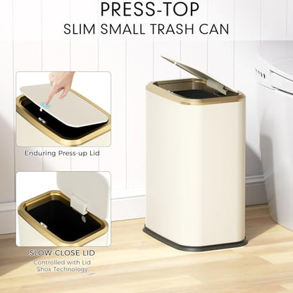 Bathroom Trash Can with Lid, 8L/2.1 Gallon Beige Trash Can Small Garbage Can with Press Top Lid Slim Stainless Steel Garbage Can with 100 Counts Trash Bags for Bathroom Bedroom Kitchen Office Toilet - color: Beige, size: Press-Top Trash Can