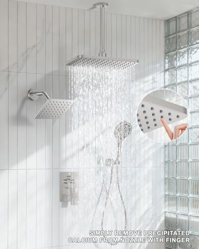 KOJOX Brushed Nickel Dual Shower Head System – 11" Ceiling Rainfall + 6" Wall Mount Heads, 6-Mode Handheld Spray, Push-Button Diverter Faucet Set - color: Brushed Nickel, size: 6''+11''