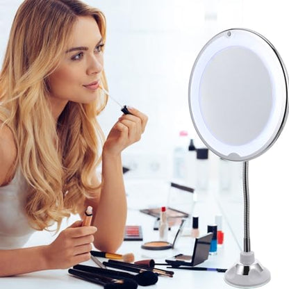 FRCOLOR Rotating 360° Makeup Mirror with Suction Cup 10x Magnifying Vanity Mirror LED Lighted Cosmetic for Bathroom and Travel Use
