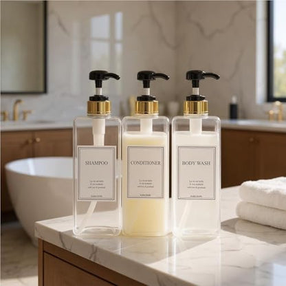 Modern Gold Design Shampoo and Conditioner Dispenser, Large 27oz Shower Soap Dispenser, Set of 3 Refillable Empty Plastic Pump Bottles for Bathroom (6 Waterproof Labels Included), (Clear & Black) - color: Clear & Black