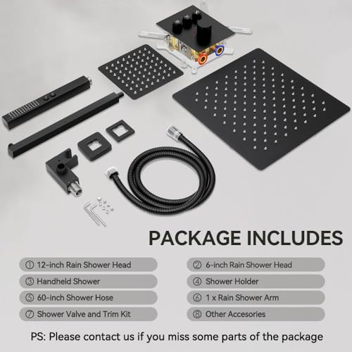 Thermostatic Shower System Matte Black, STARBATH Shower Faucets Sets 12+ 6" Wall Mount Rain Shower and 2 in 1 Handhled, Can Use All at Once, Push Button 3 Modes Valve and Trim Kit Complete Shower Set - color: Matte Black, size: 6+12 inch-12