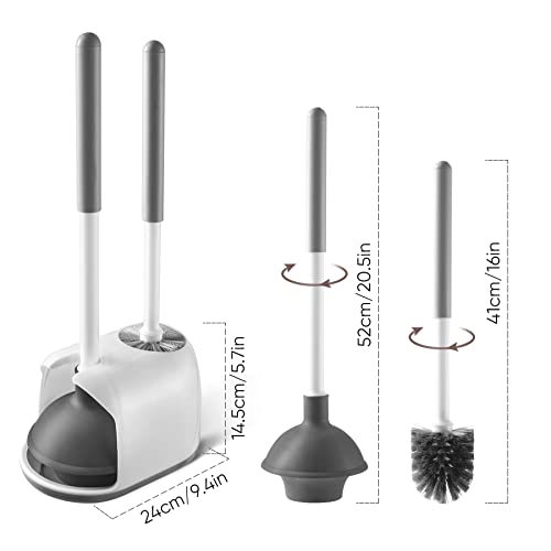 Eyliden Toilet Plunger and Brush Set, 2-in-1 Compact Holder, White | Unclogs Toilets, Deep Cleans Bowls, Nylon Bristles, Rubber Cup, Durable Plastic Caddy, Space-Saver, Bathroom Cleaning Tools - color: White & Grey