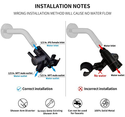 G-Promise Solid Metal Shower Head Diverter with Holder 3-Way (Chrome) | Spray Separately or Both, Adjustable-Angle Bracket, Anti-Leak, Smooth Knob Switch, Easy Install, Universal Replacement Part - color: Oil Rubbed Bronze