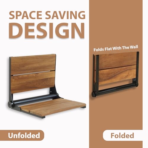 Teak Shower Seat - Contour Wood / Folding Wall Mount Bench for Inside Shower / ADA Safety Assist / 304 Stainless Steel / Matte Black / 26" x 16" - color: Matte Black, Teak, size: 26" x 16"