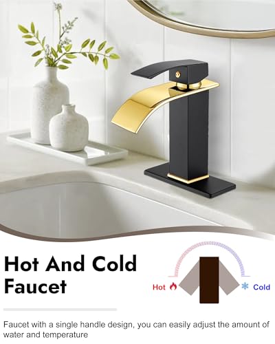 Midanya Waterfall Bathroom Faucet 1 Hole,Polish Gold Spout/Matte Black | with 24” Hoses,Pop Up Drain,6” Deck Plate,for 1 or 3 Hole Vanity,Lavatory,RV,Single Handle Bathroom Sink Faucet,NSF Certified - color: Bright Gold Spout/Black