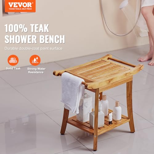 VEVOR Teak Shower Bench, 22 x 14.4 x 18.5 in, Waterproof Wood Shower Stool with Storage Shelf Handle Non-Slip Feet, 300 lbs Maximum Load Capacity Shower Chair Seat, for Bathroom Indoor and Outdoor Use - size: 22in