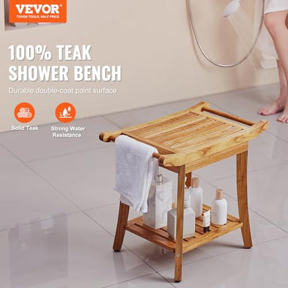 VEVOR Teak Shower Bench, 22 x 14.4 x 18.5 in, Waterproof Wood Shower Stool with Storage Shelf Handle Non-Slip Feet, 300 lbs Maximum Load Capacity Shower Chair Seat, for Bathroom Indoor and Outdoor Use - size: 22in