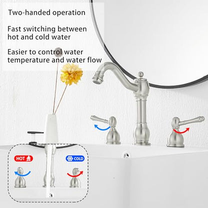 2 Handles 3 Holes Faucet Widespread Bathroom Sink Faucet Basin Tap Mixer Supply Hose Included Matching Pop Up Drain Brushed Nickel - color: Brushed Nickel, size: Widespread
