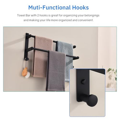 18-Inch Double Towel Rack with Hooks - Space Saving Towel Hanger, Matte Black Stainless Steel Towel bar for Bathroom Wall - color: Matte Black, size: 18-Inch