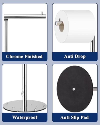 Toilet Paper Holder Stand, Free Standing Toilet Paper Roll Holder with Reserve, Modern Bathroom Toilet Paper Stand for 4 Rolls, Chrome, Housen Solutions