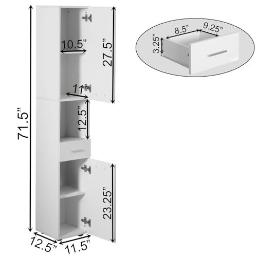 71.5 Inches Tall Thin Corner Shelf Floor Cabinet with 2 Doors, 1 Drawer, Freestanding Linen Tower Cabinet - Perfect for Bathroom, Living Room, Kitchen or Home Office, White