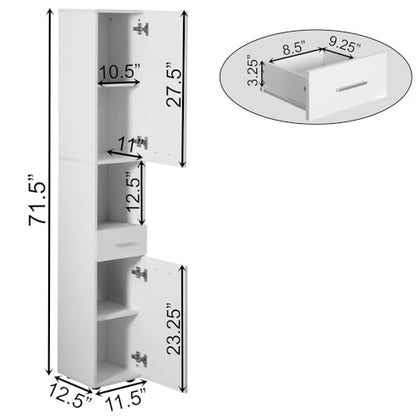 71.5 Inches Tall Thin Corner Shelf Floor Cabinet with 2 Doors, 1 Drawer, Freestanding Linen Tower Cabinet - Perfect for Bathroom, Living Room, Kitchen or Home Office, White