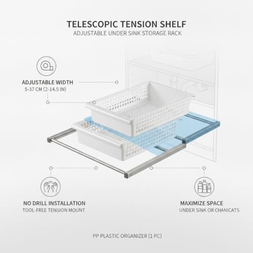 Adjustable Telescopic Tension Shelf for Under Sink Storage, No-Drill PP Plastic Cabinet Organizer Rack, White (1 Pack) - size: 14.57 x 9.84 x 3.15 in