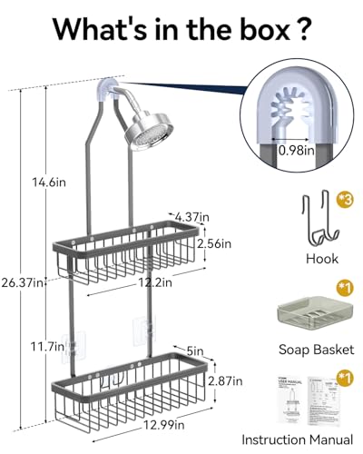 Never Rust Shower Caddy Hanging, Aluminum Shower Racks for Inside Shower, 2-Tier Shower Organizer Hanging Over Shower Head with Hooks and Soap Holder, Grey - color: Grey