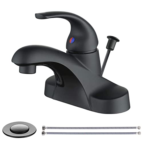 WOWOW Black Bathroom Faucet One Handle 4 inch Centerset Bathroom Faucets with Lift Rod Drain Assembly Sink Faucet Lavatory Faucet Matte Black Bathroom Faucets - color: Black