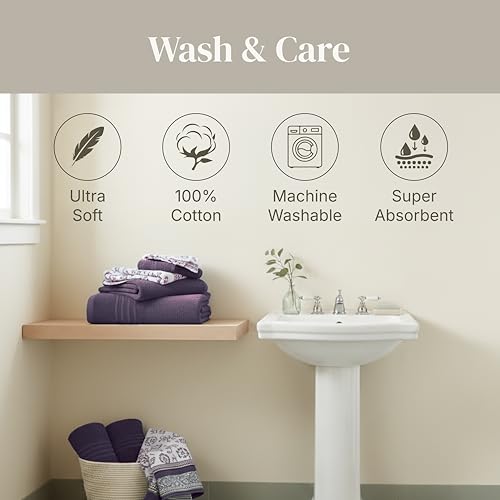 Modern Threads 6 Piece Bath Towel Set – Bathroom Set with 2 Bath Towels, 2 Hand Towels, and 2 Wash Cloths – 100% Cotton, Super Absorbent & Extra Soft – Reversible Floral Trail (Purple) - color: Purple