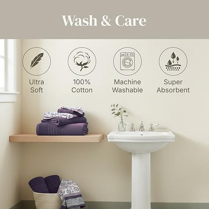 Modern Threads 6 Piece Bath Towel Set – Bathroom Set with 2 Bath Towels, 2 Hand Towels, and 2 Wash Cloths – 100% Cotton, Super Absorbent & Extra Soft – Reversible Floral Trail (Purple) - color: Purple