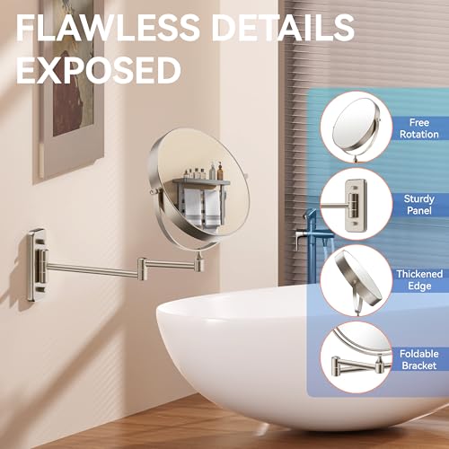 Auxmir 8" Double-Sided Wall-Mounted Makeup Mirror, 1X/30X Magnifying Mirror | stainless steel, 13-inch extendable swivel arm, 360°shaving rotation, bathroom makeup mirror, tweezers, Nickel - color: Nickel-1x/30x